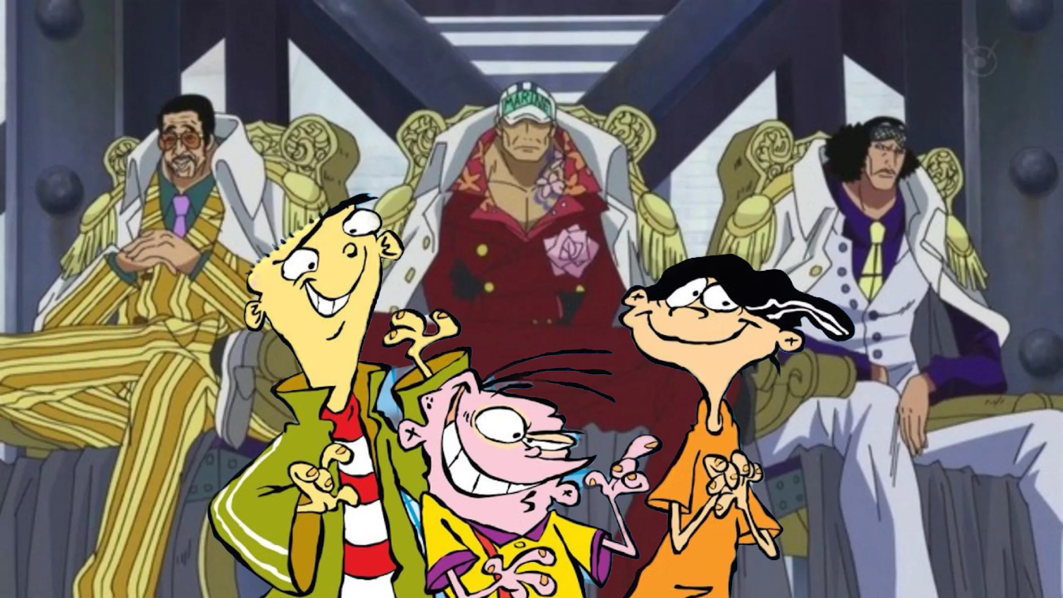 Ed, Edd & Eddy con i tre Ammiragli di One Piece Kizaru, Akainu e Kuzan