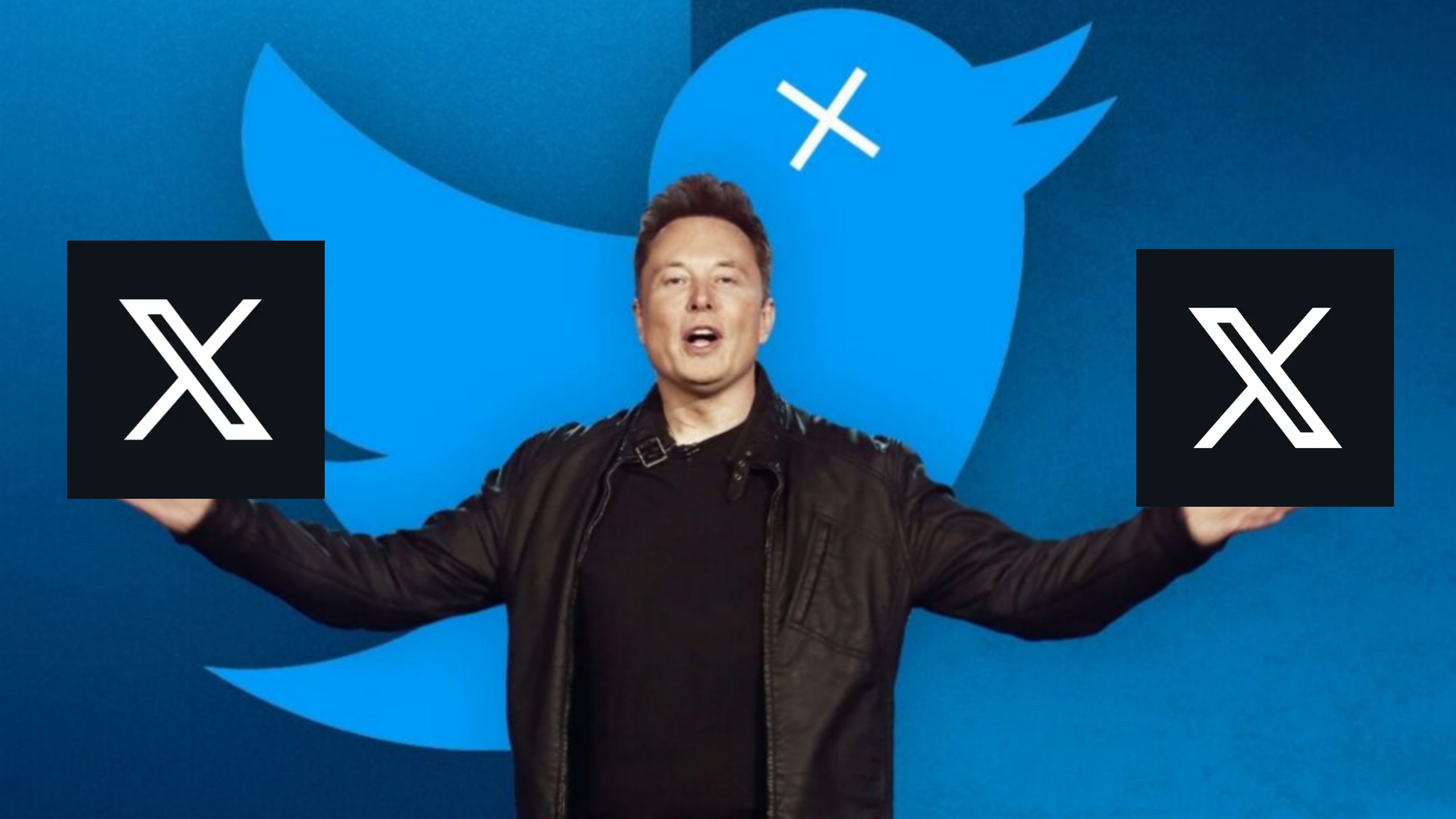 Elon Musk con il logo di Twitter e il nuovo logo X