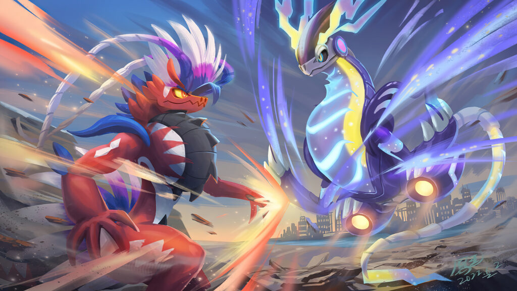 koraidon vs miraidon pokemon scarlet and violet 2k wallpaper uhdpaper.com 442@1@j 1