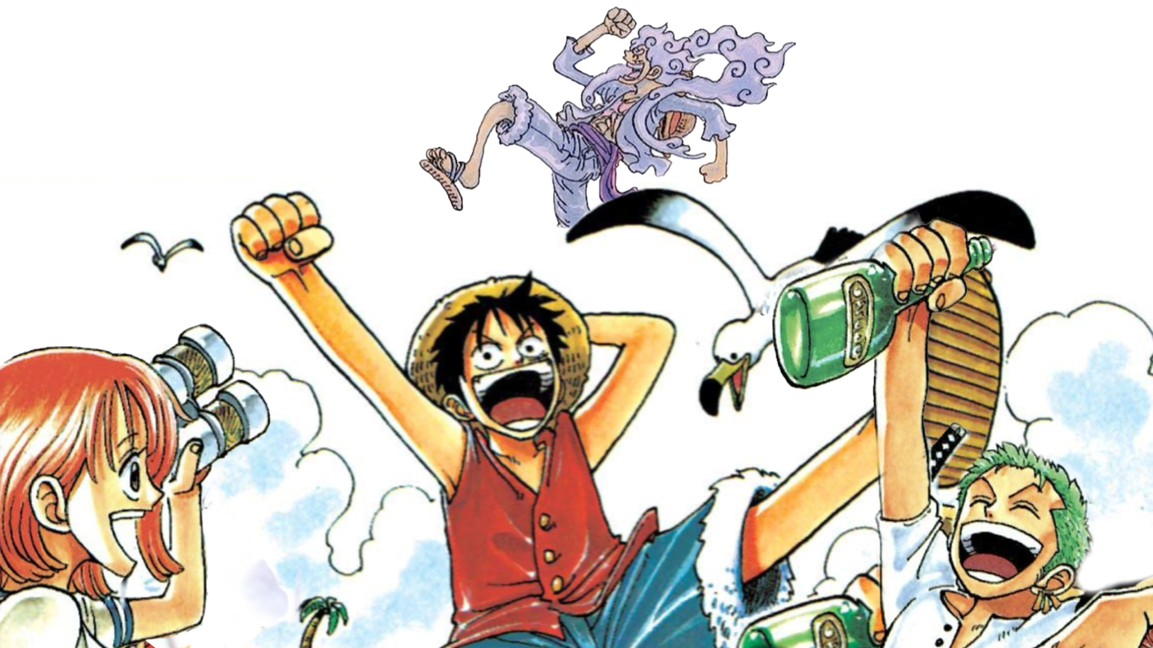 Nami, Luffy e Zoro di One Piece con il Gear 5 come sfondo