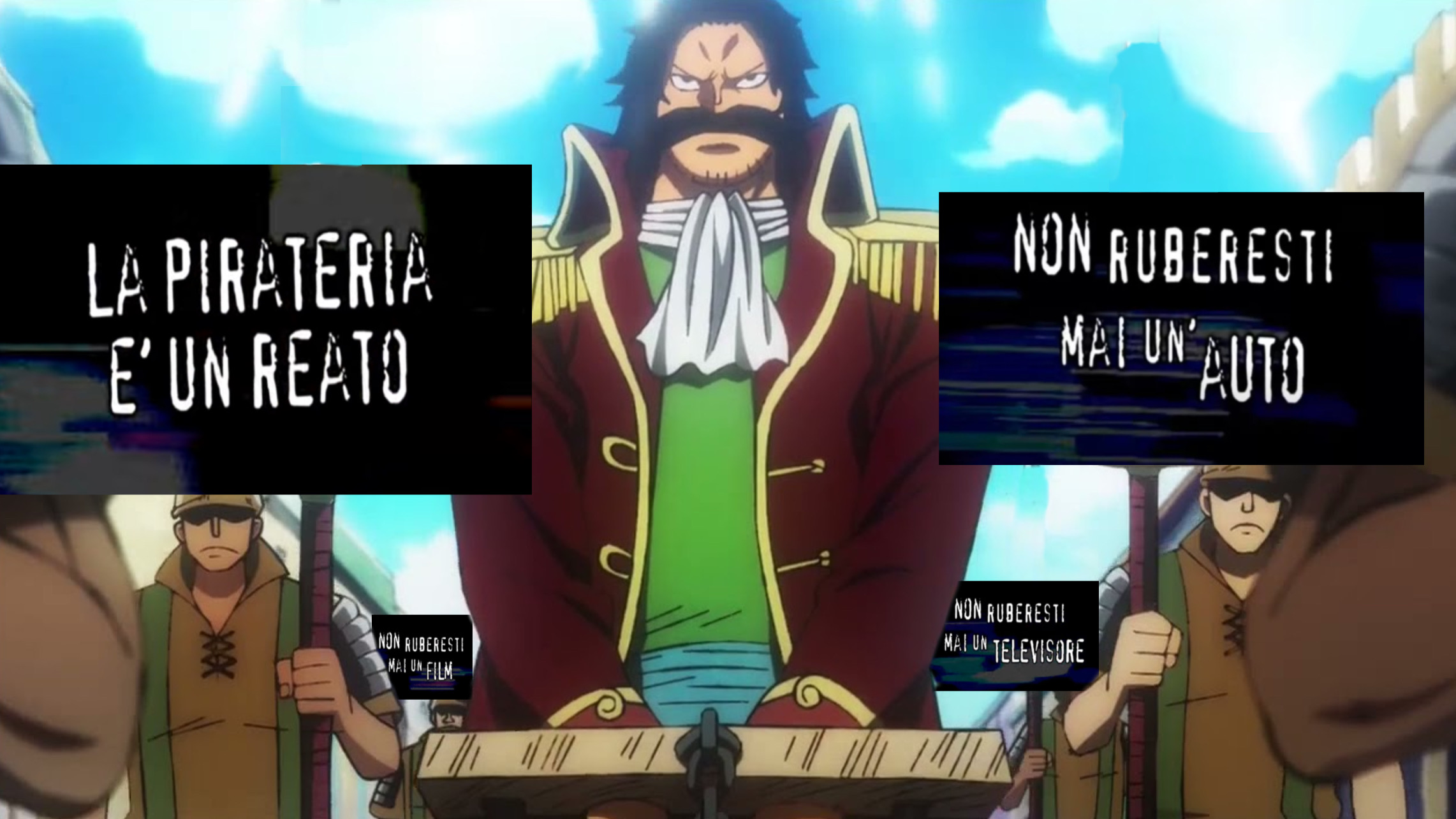 Gol D Roge e One Piece con cartelli per legge anti-pirateria