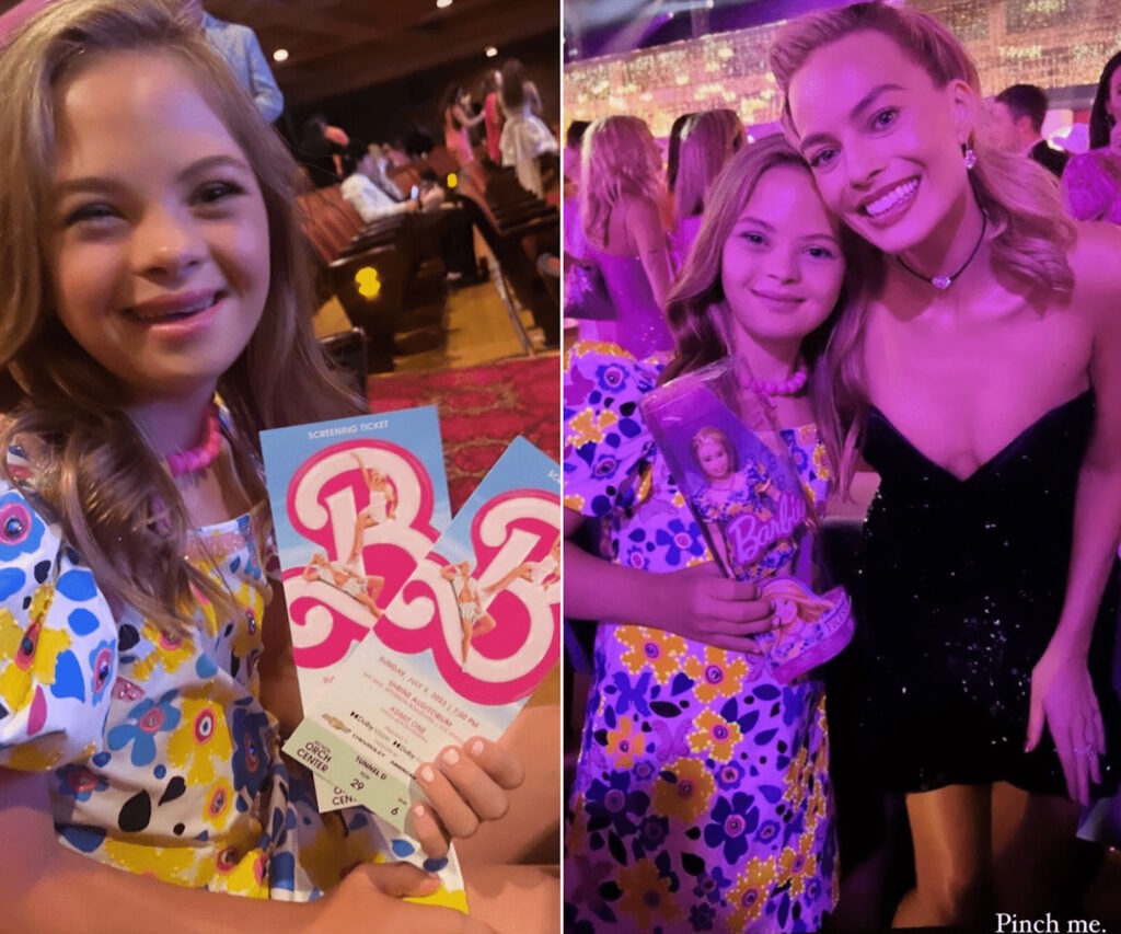 Margot Robbie e Sofia Sanchez con l'abito di Barbie con sindrome di Down alla première del film