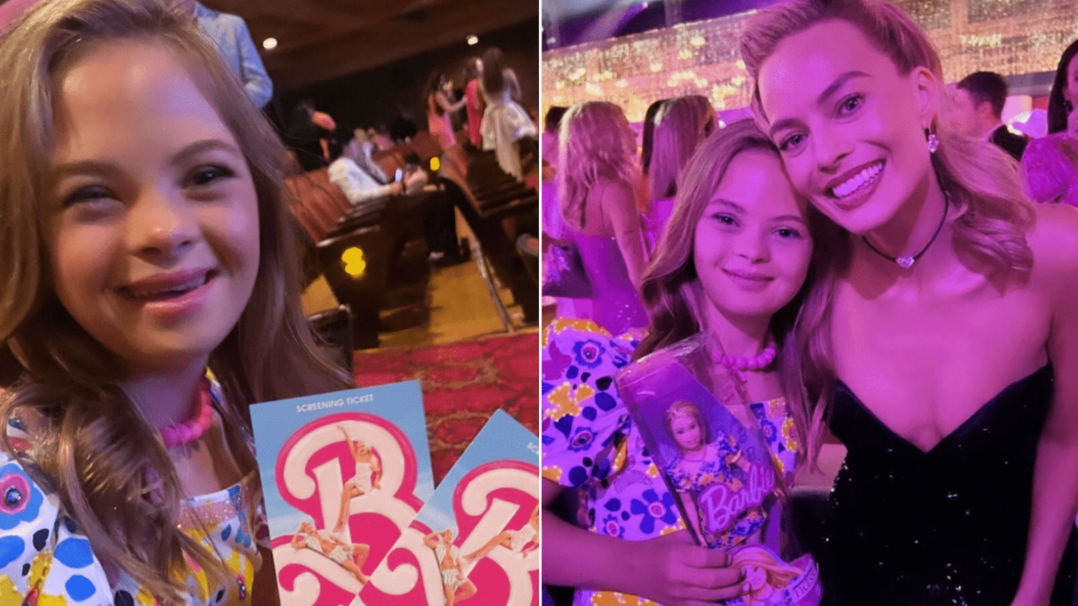 Margot Robbie e Sofia Sanchez con l'abito di Barbie con sindrome di Down alla première del film