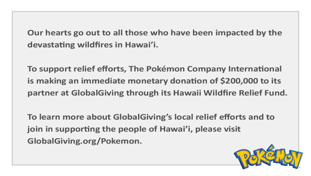 The Pokémon Company dona 200000 dollari per gli incendi alle Hawaii