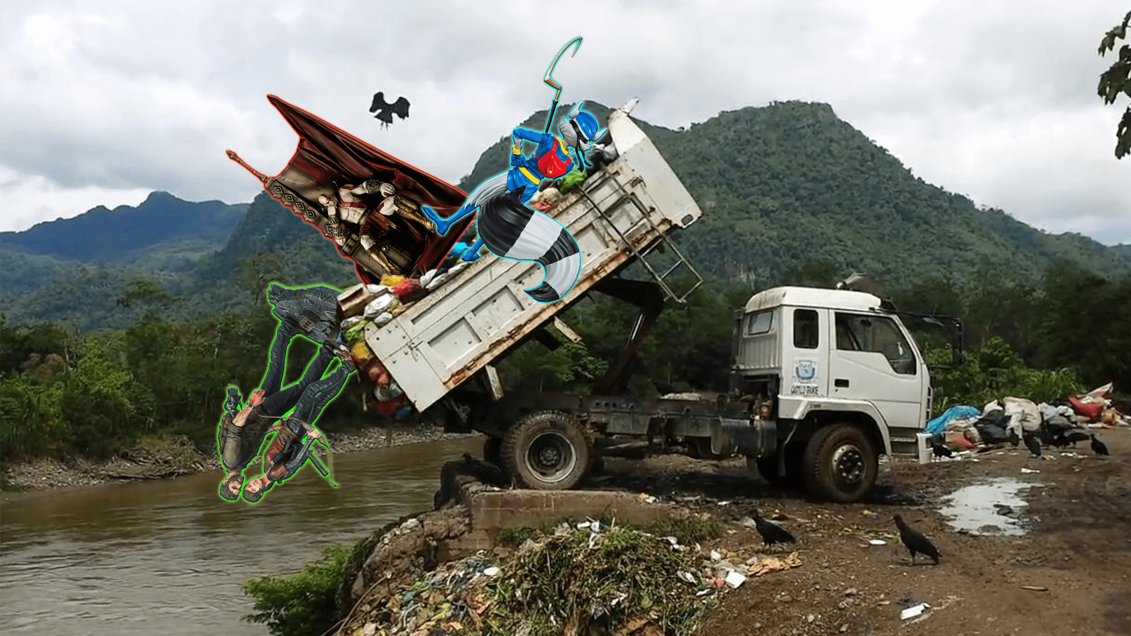 Camion dell'immondizia scarica collezionabili Gaming Heads in un fiume