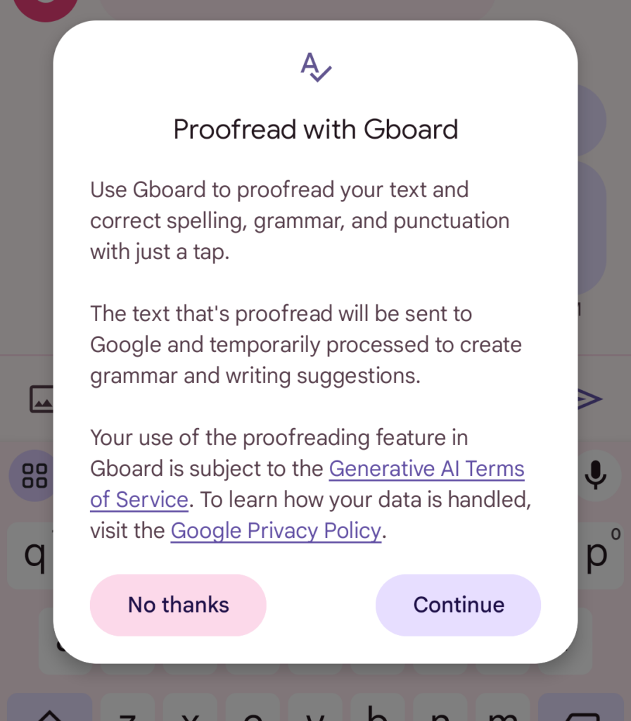 Il pop-up su Google Gboard sul proofreading