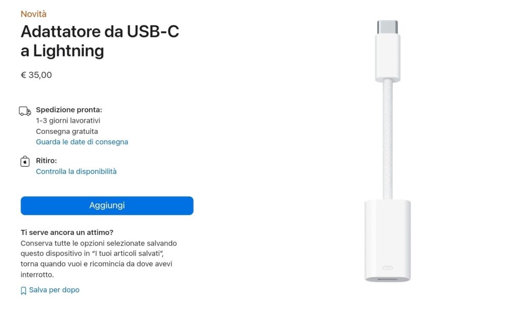Adattatore Apple da USB-C a Lightning
