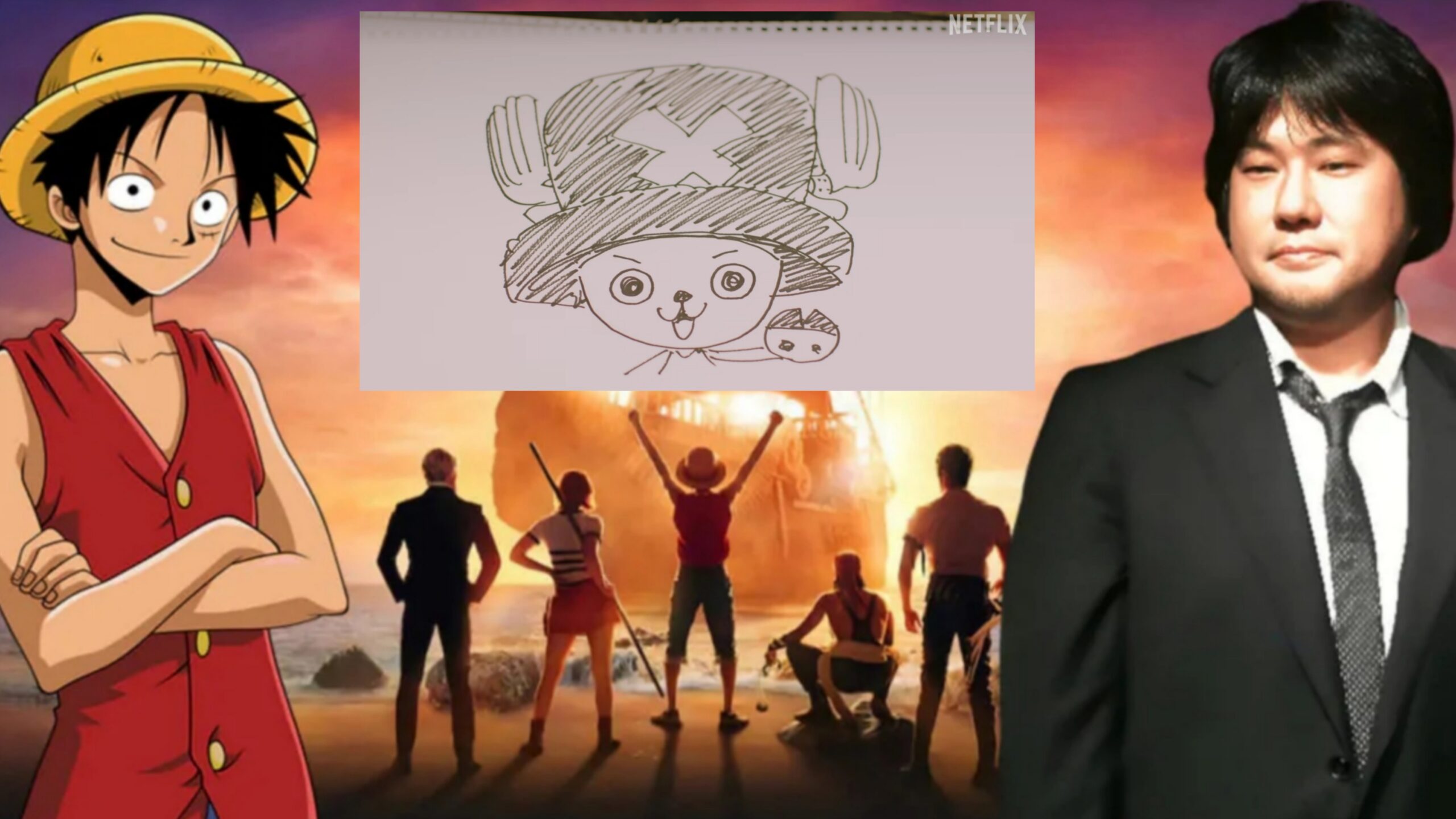 Luffy di One Piece con disegno di Chopper ed Eiichiro Oda