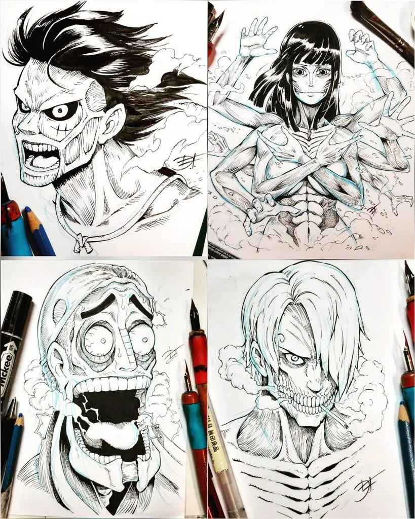 Luffy, Nico Robin, Enel e Sanji di One Piece come ne L'Attacco dei Giganti