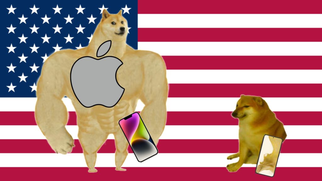 Logo Apple, bandiera USA e meme Doge
