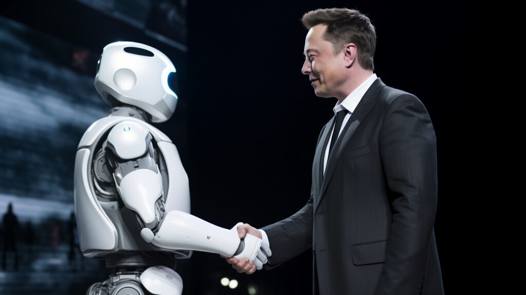 Elon Musk stringe la mano a un androide