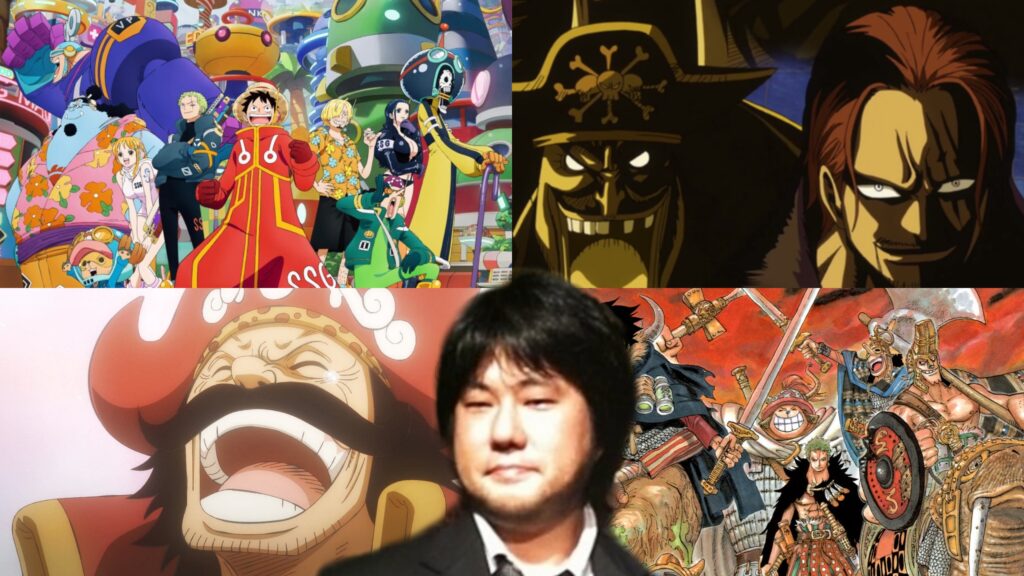 Eiichiro Oda con vari pannelli dell'anime e del manga di One Piece