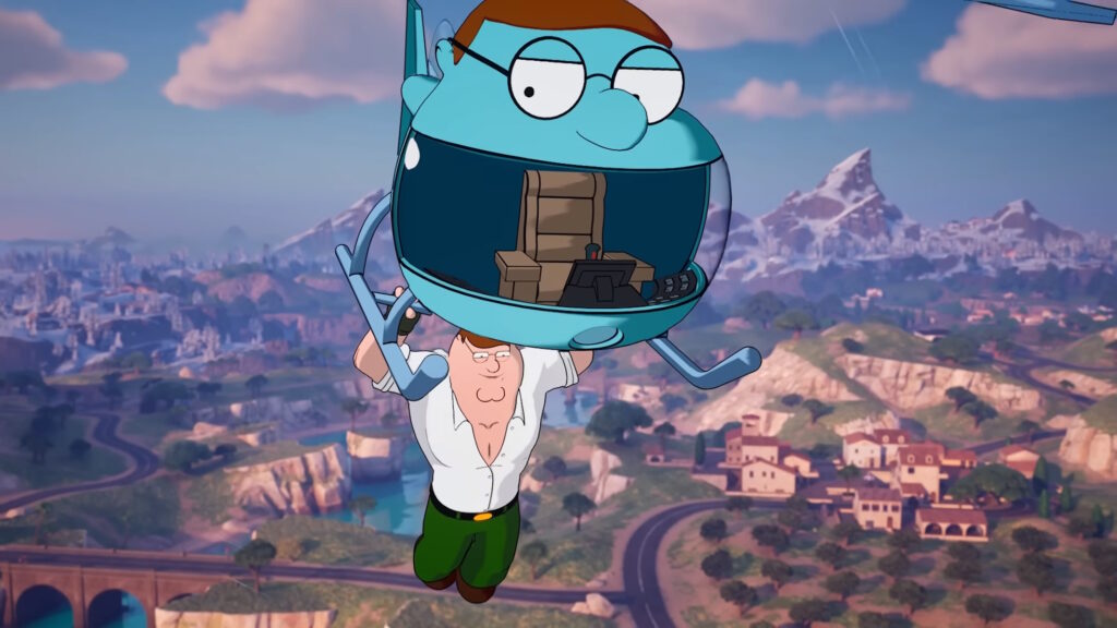 Fortnite spawn con la skin di Peter Griffin e il Petercottero