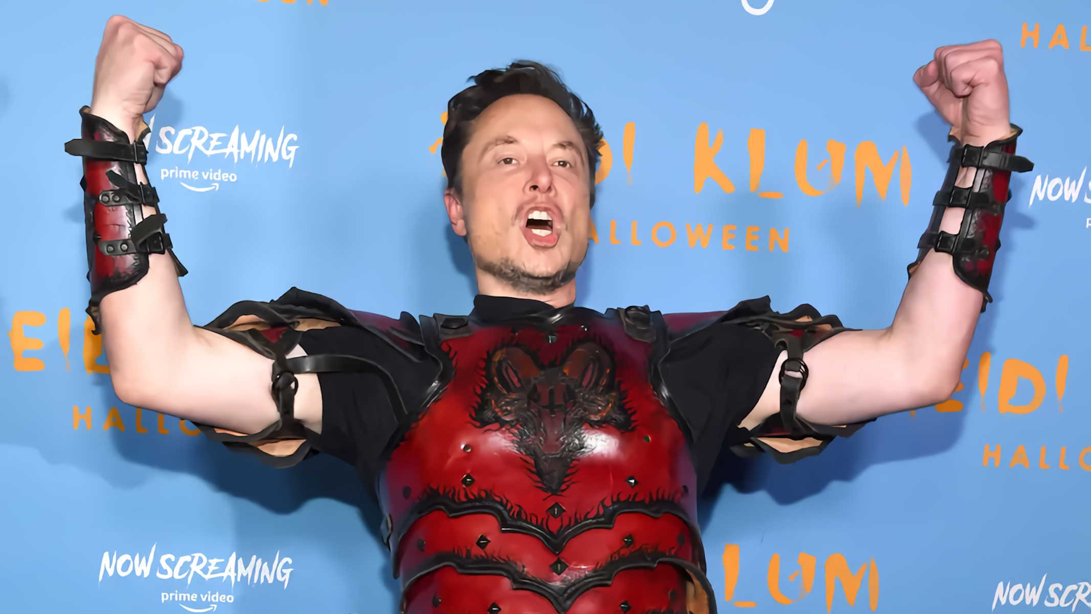 Elon Musk con indosso un'armatura a tema Diablo 4