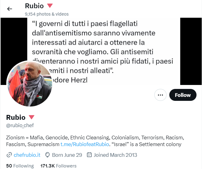 Chef Rubio profilo twitter descrizione anti-sionista