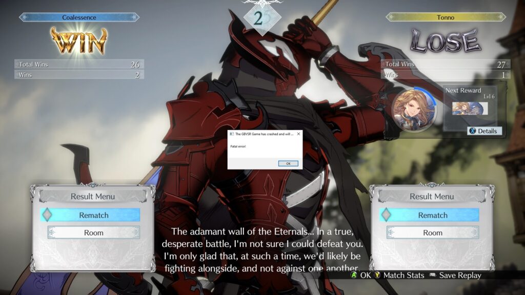 Granblue Fantasy Versus Rising fatal error bug di Anre/Uno