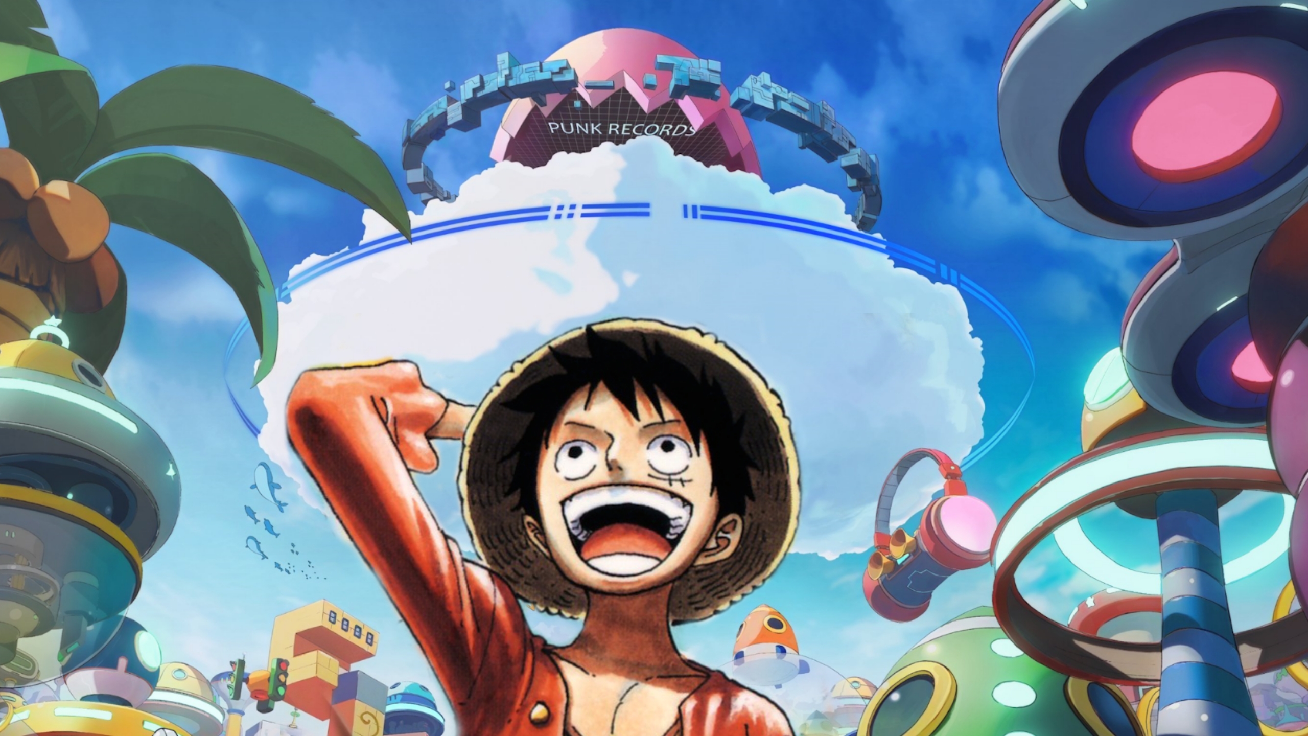 Luffy di One Piece, con Egghead sullo sfondo