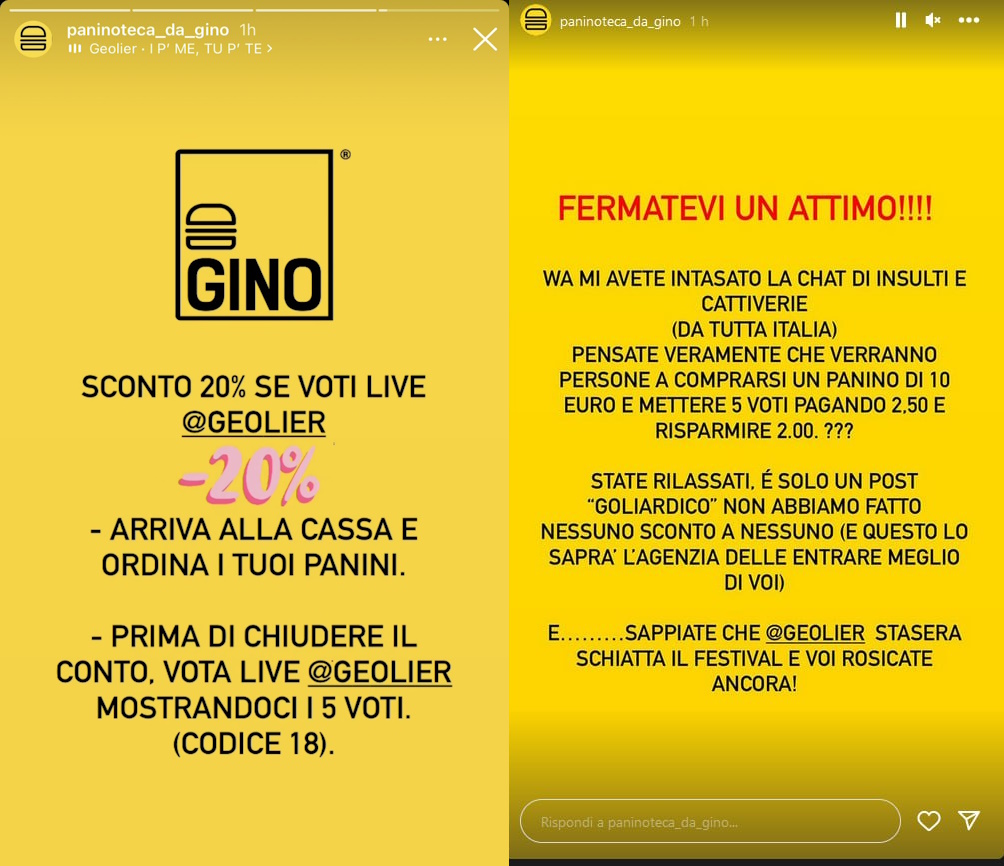 Storie su Geolier a Sanremo 2024 da parte della paninoteca da Gino