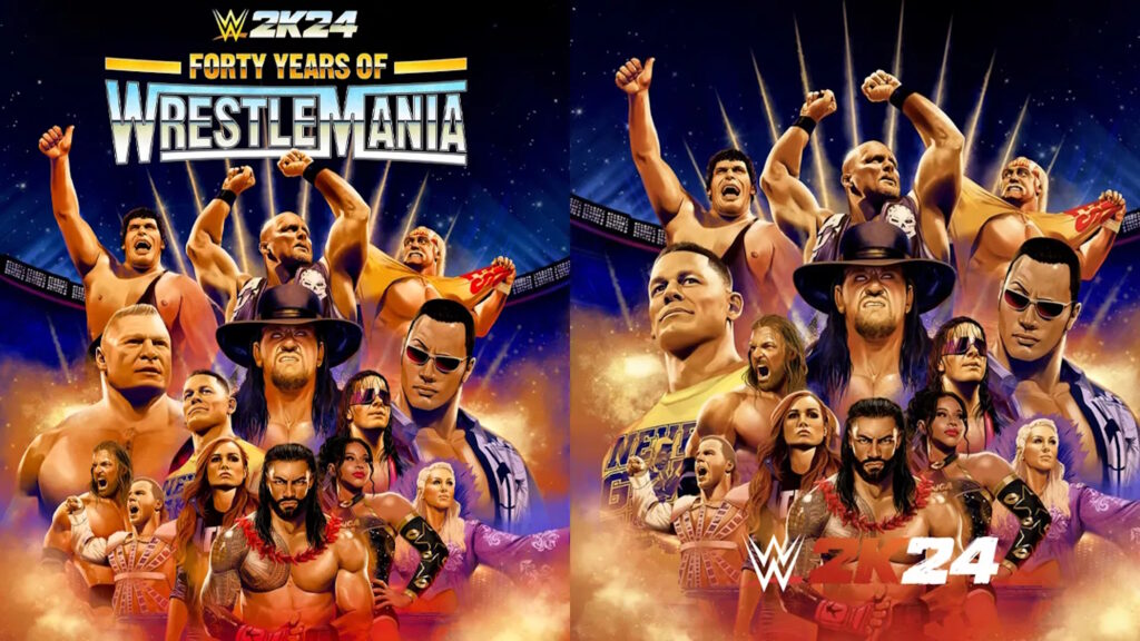Cover 40 Years of Wrestlemania di WWE 2K24 con e senza Brock Lesnar