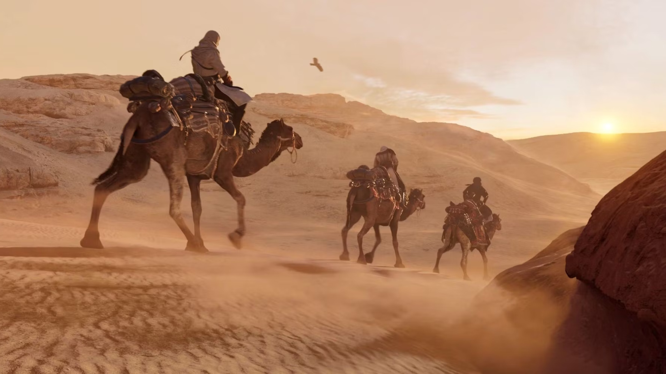 Assassin's Creed Mirage viaggio nel deserto sui cammelli