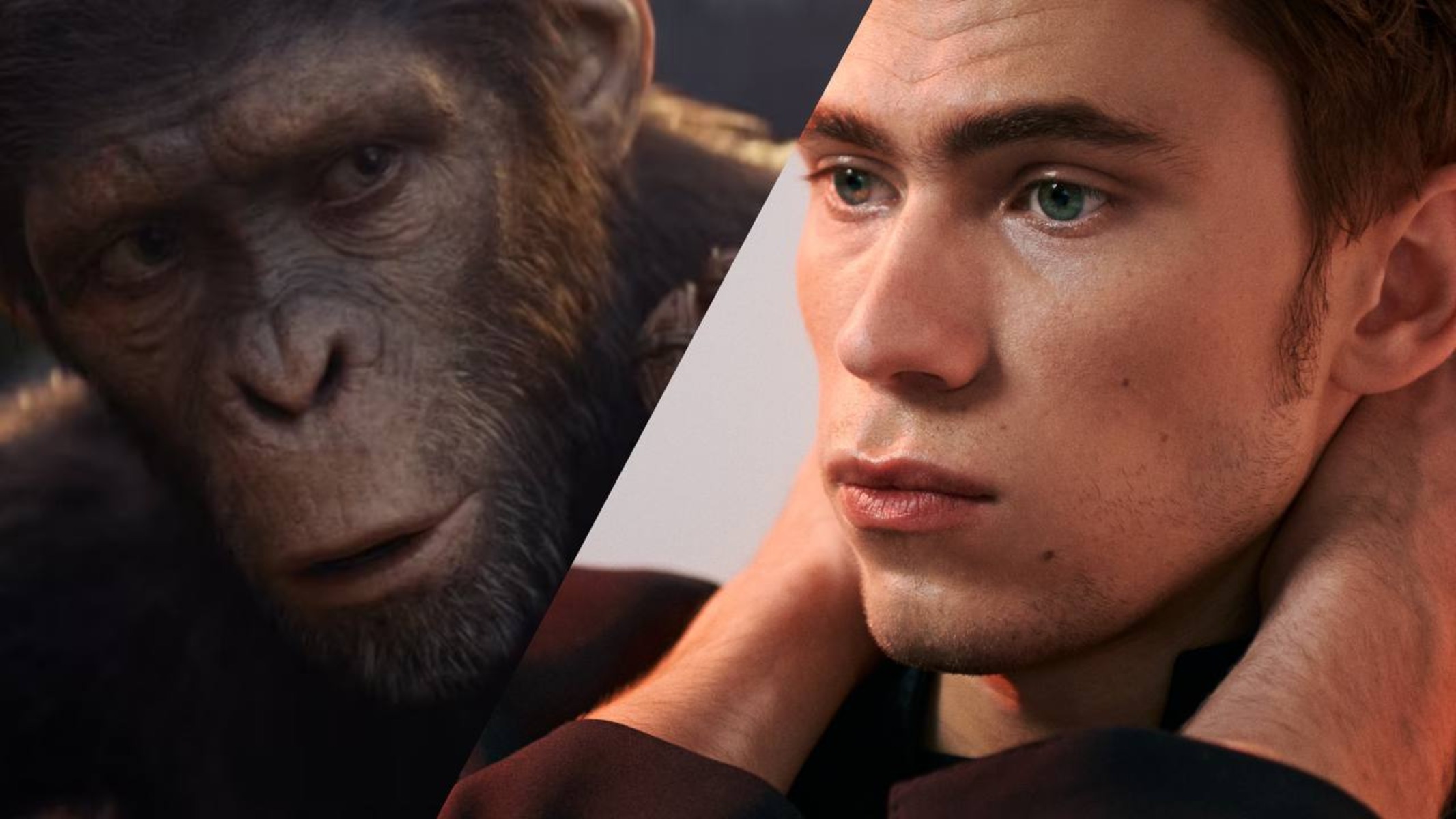 La scimmia Noa ne "Il regno del pianeta delle scimmie" affiancata al volto dell'attore che l'interpreta, Owen Teague.