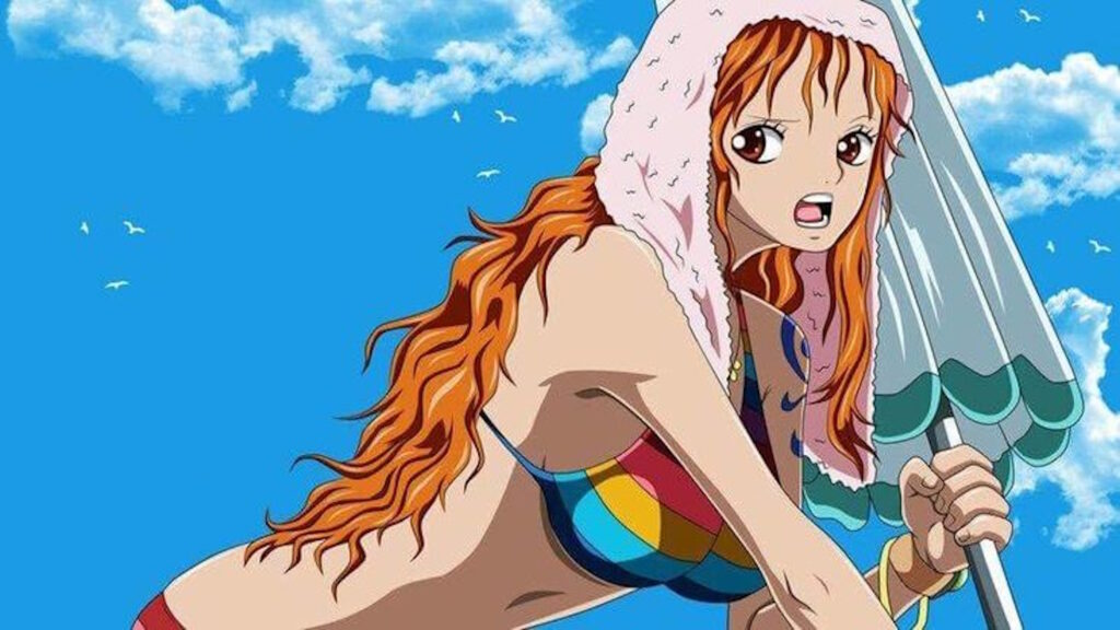 One Piece Nami in costume con un ombrellone