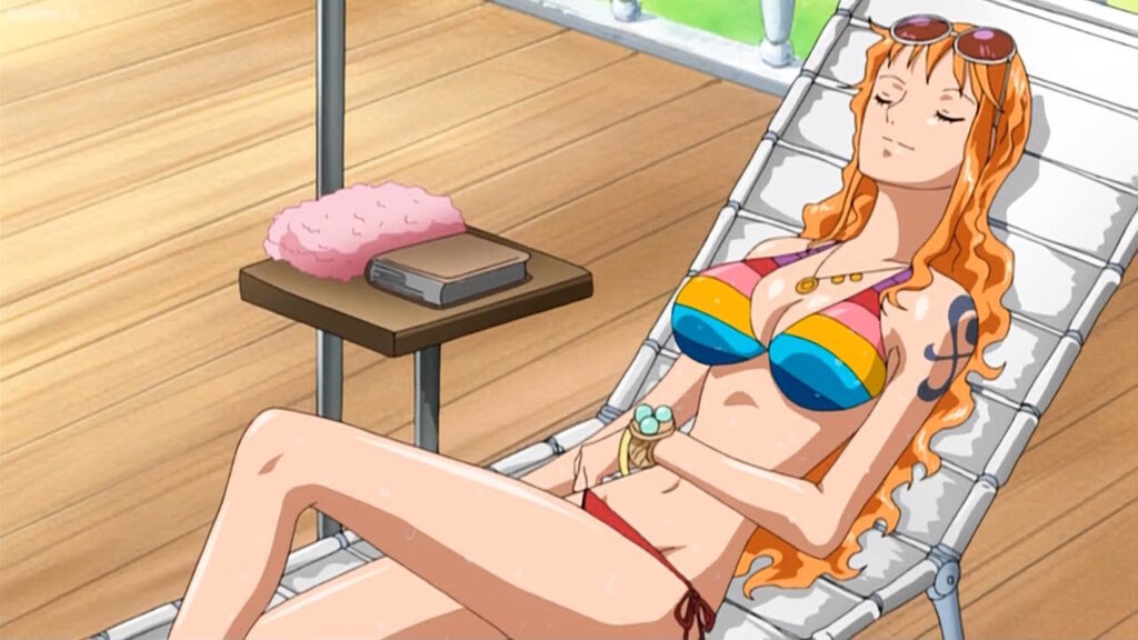 One Piece Nami rilassata su una sdraio