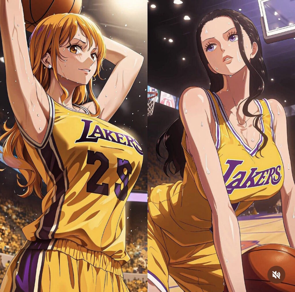 Immagine AI di Nami e Nico Robin di One Piece in versione giocatrici dei Lakers