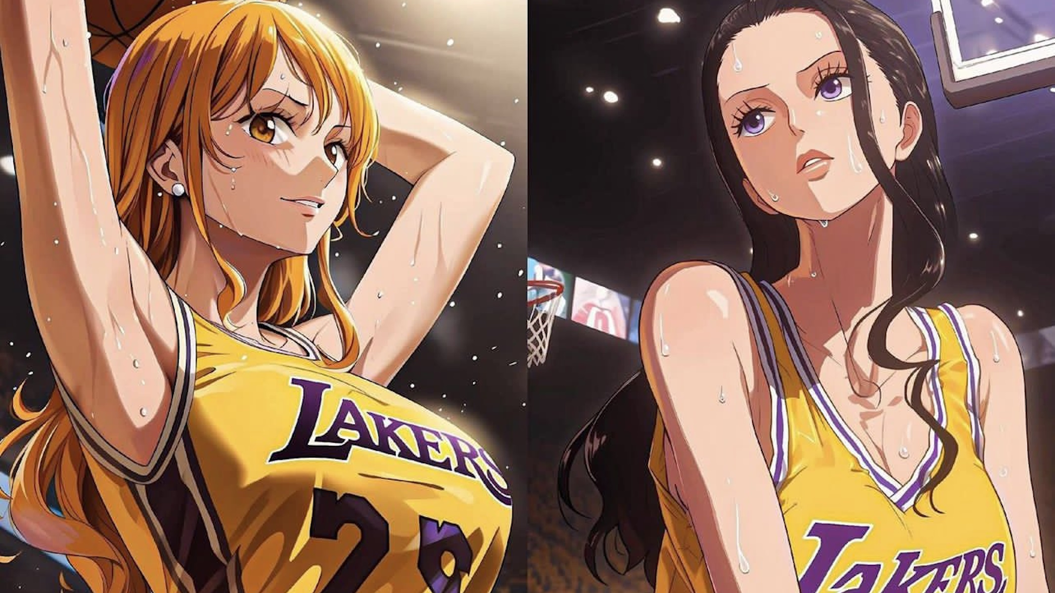Immagine AI di Nami e Nico Robin di One Piece in versione giocatrici dei Lakers