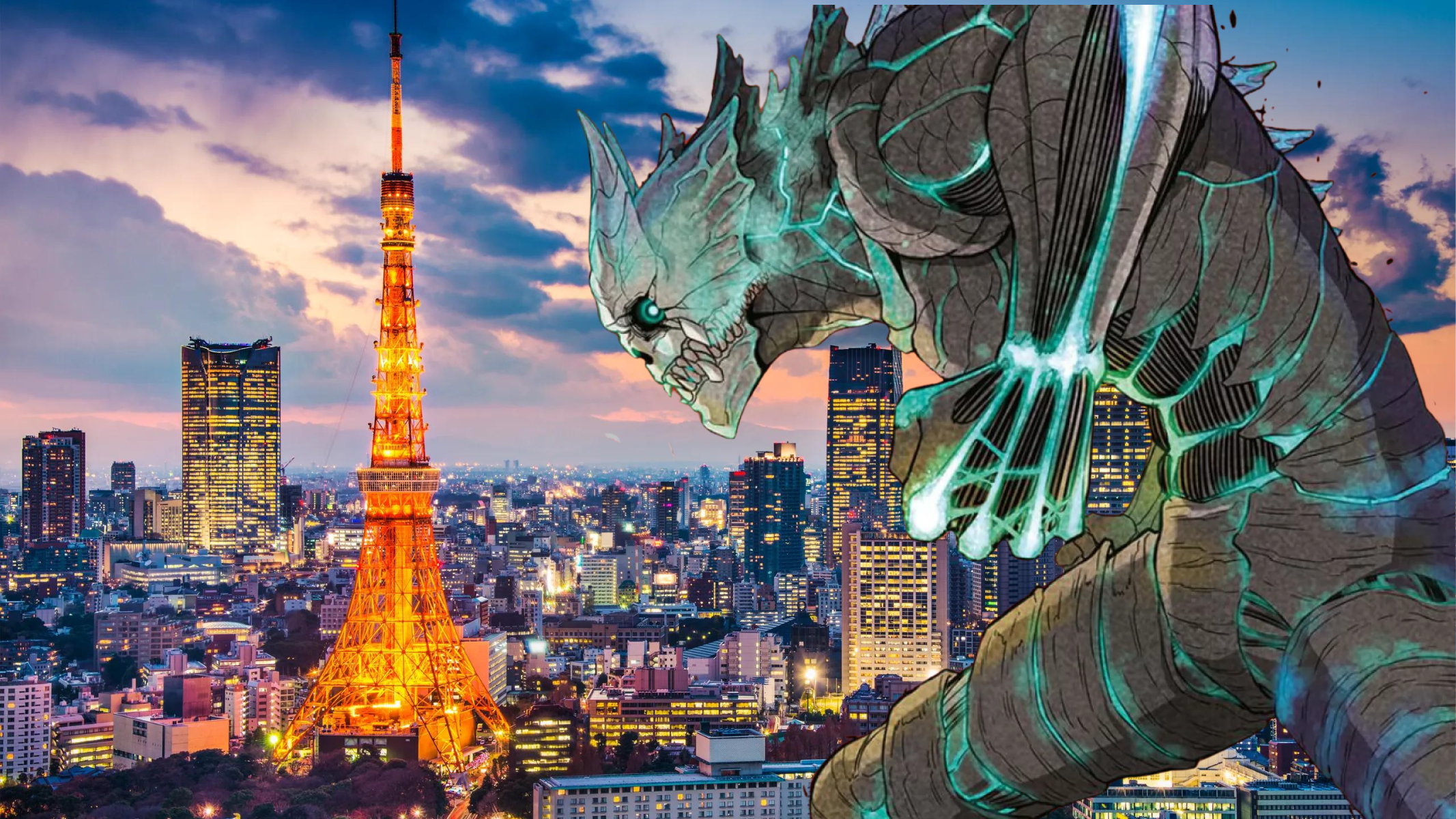La città di Tokyo e il protagonista dell'anime "Kaiju No. 8".