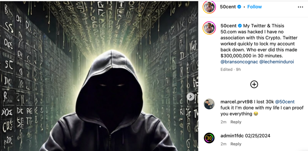 50 Cent sostiene che un hacker ha guadagnato 3 milioni di dollari in 30 minuti sul suo account X 2 50 Cent