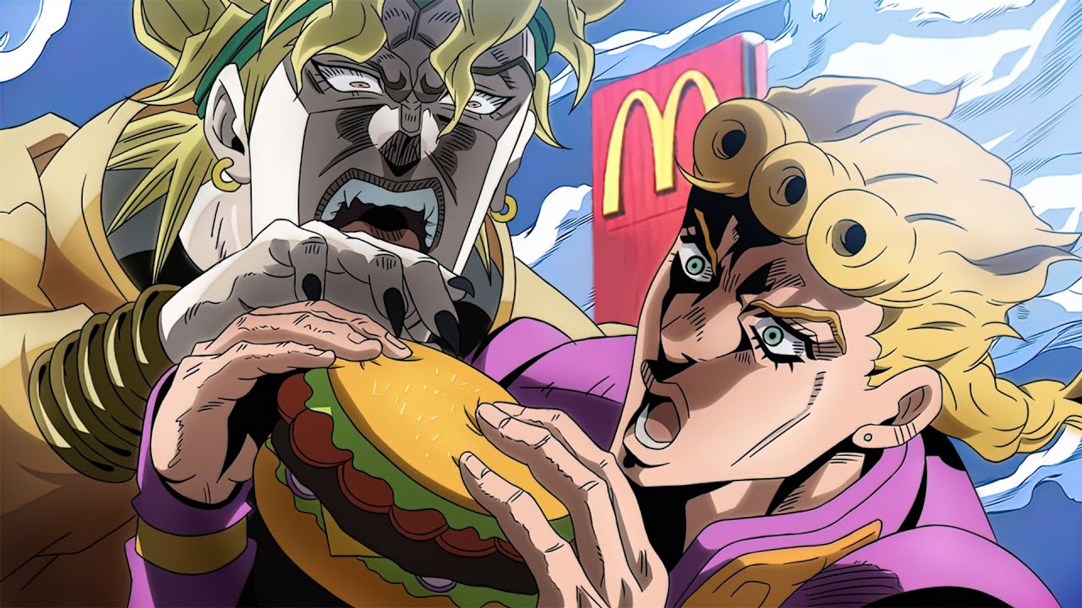 Giorno Giovanna e Dio di jojo che mangiano un panino del mcdonald's