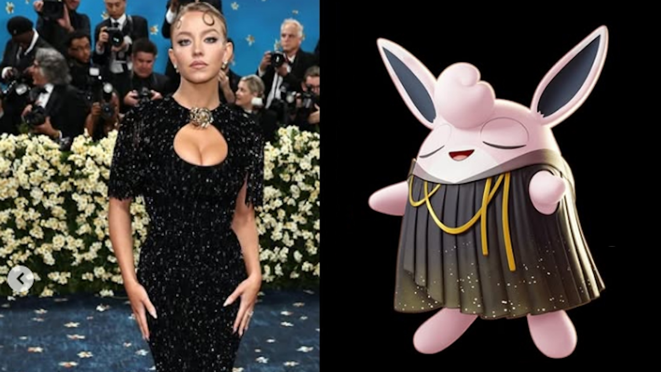 Sydney Sweeney al Met Gala 2025, comparata con la skin Wigglytuff Songstress Style di Pokémon Unite