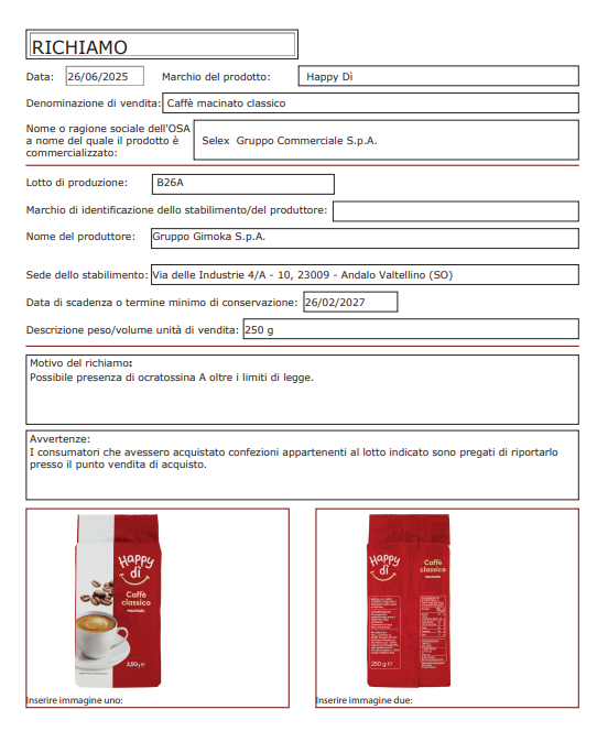Caffè macinato Happy Dì: lotto ritirato dai negozi per rischio chimico da ocratossina A oltre i limiti 1 caffe