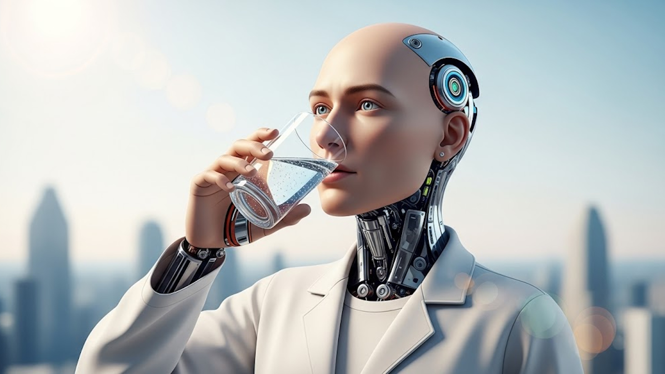 AI come ChatGPT che beve un bicchiare d'acqua
