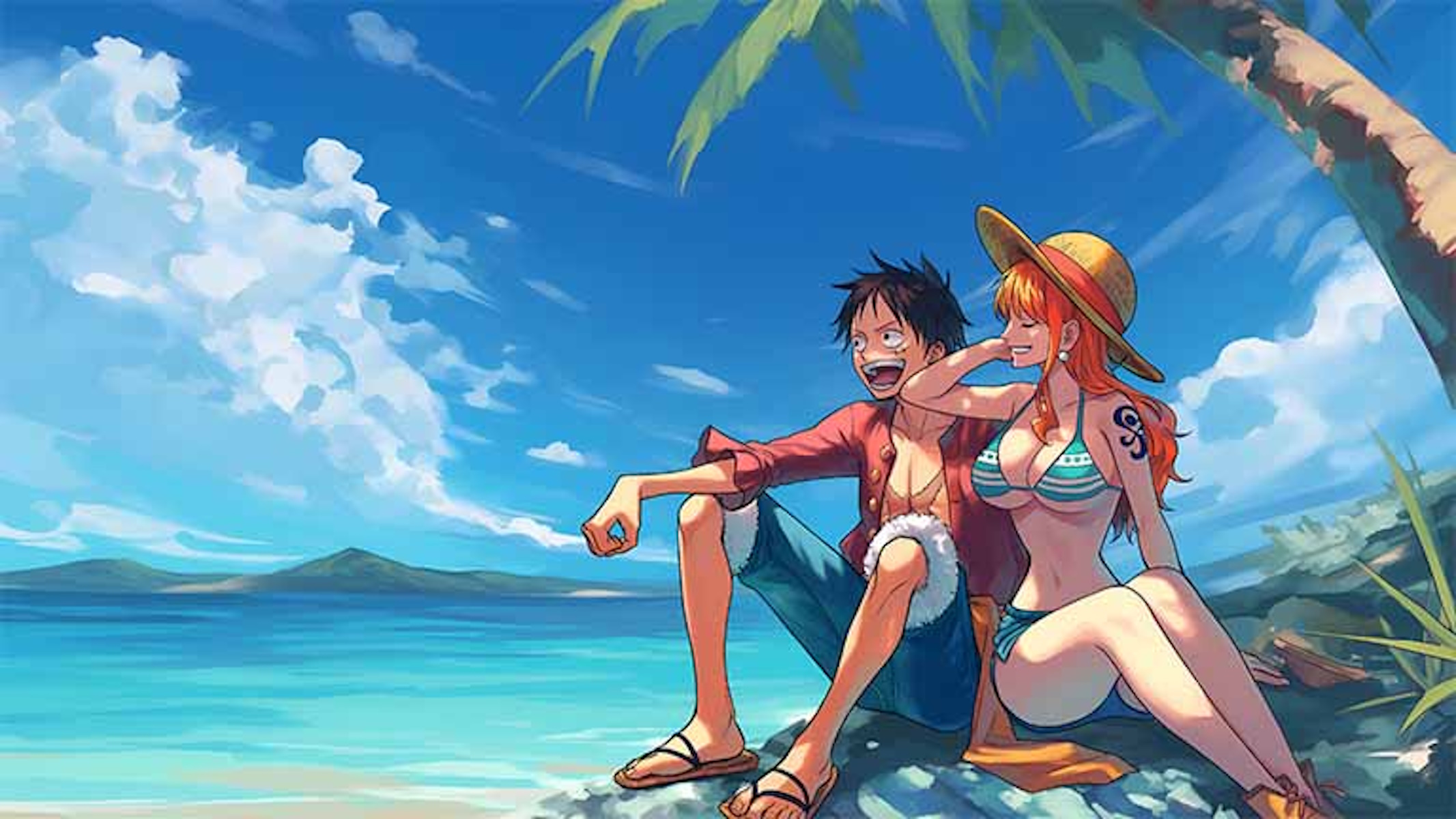 One Piece artwork di Nami e Luffy in spiaggia