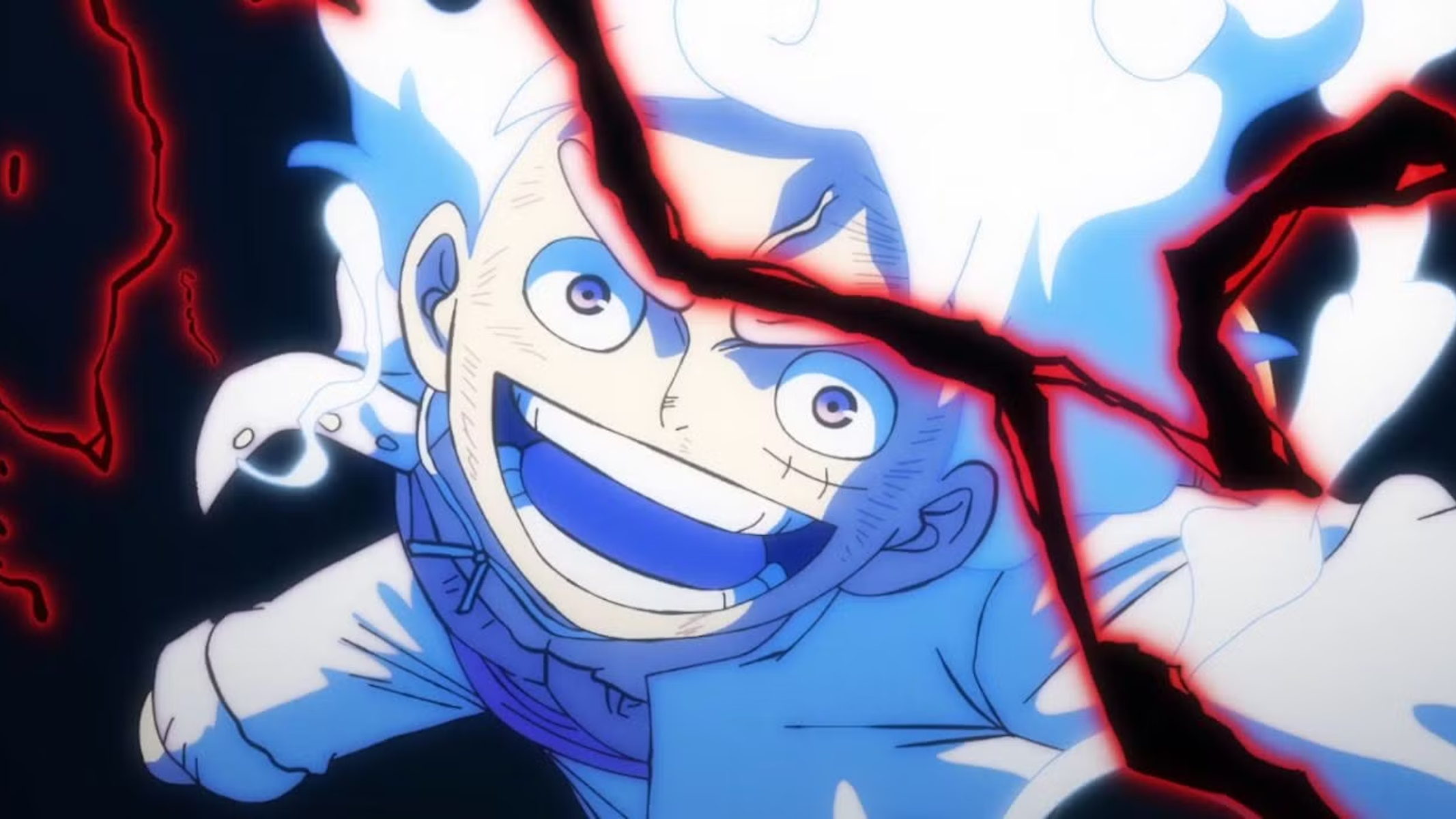 Luffy di One Piece in Gear 5 con i fulmini dell'haki del re