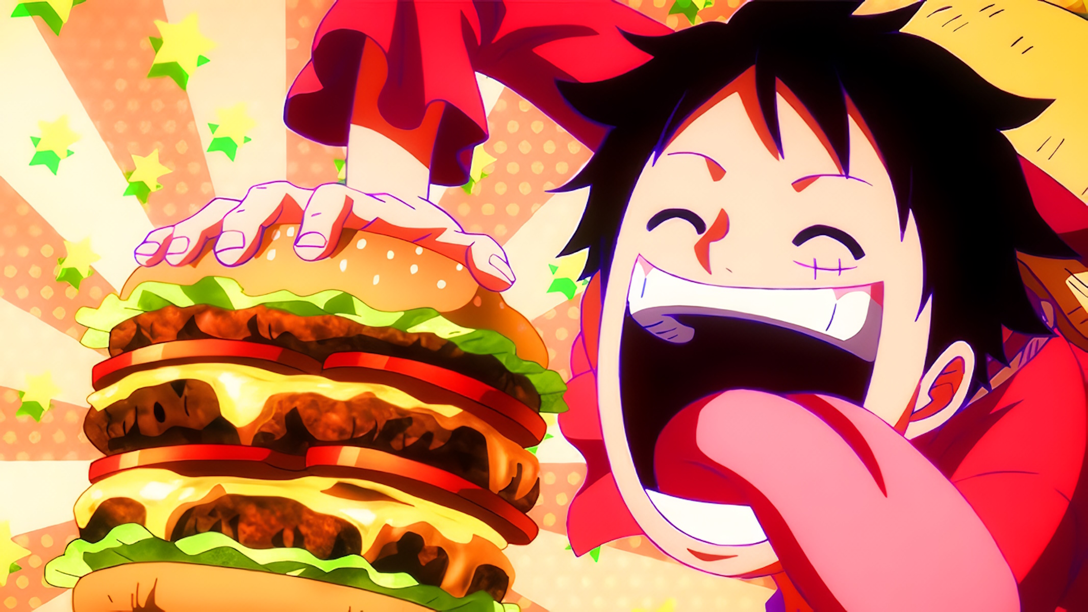Luffy di One Piece mangia un mega panino del mcdonald's
