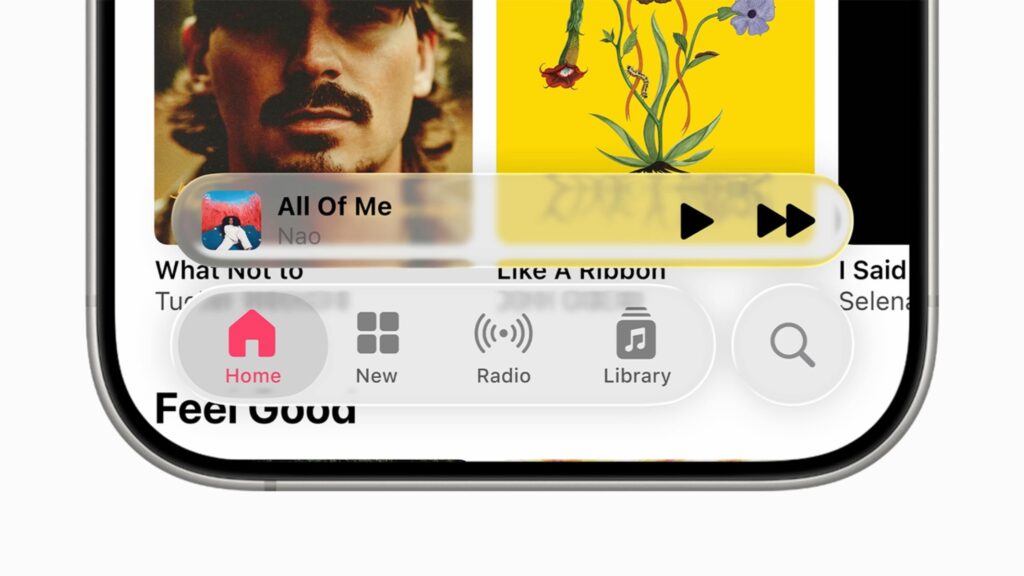 Apple apporta modifiche sostanziali alla trasparenza del Liquid Glass 1 Apple WWDC25 Liquid Glass Apple Music dynamic tab bars 250609.jpg.large 2x 2