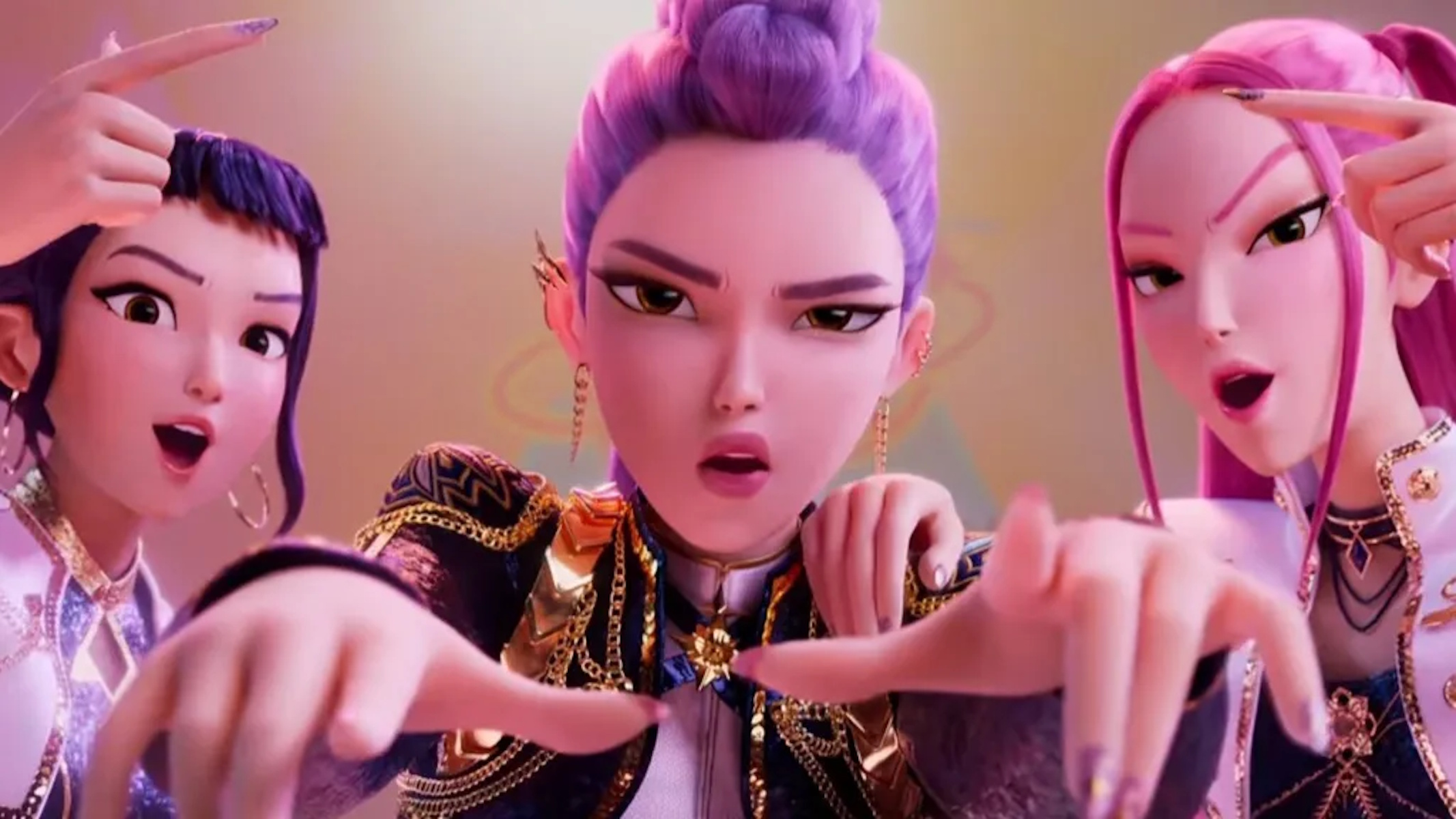 Close-up di Rumi, Mira e Zoey, protagoniste di Kpop Demon Hunters