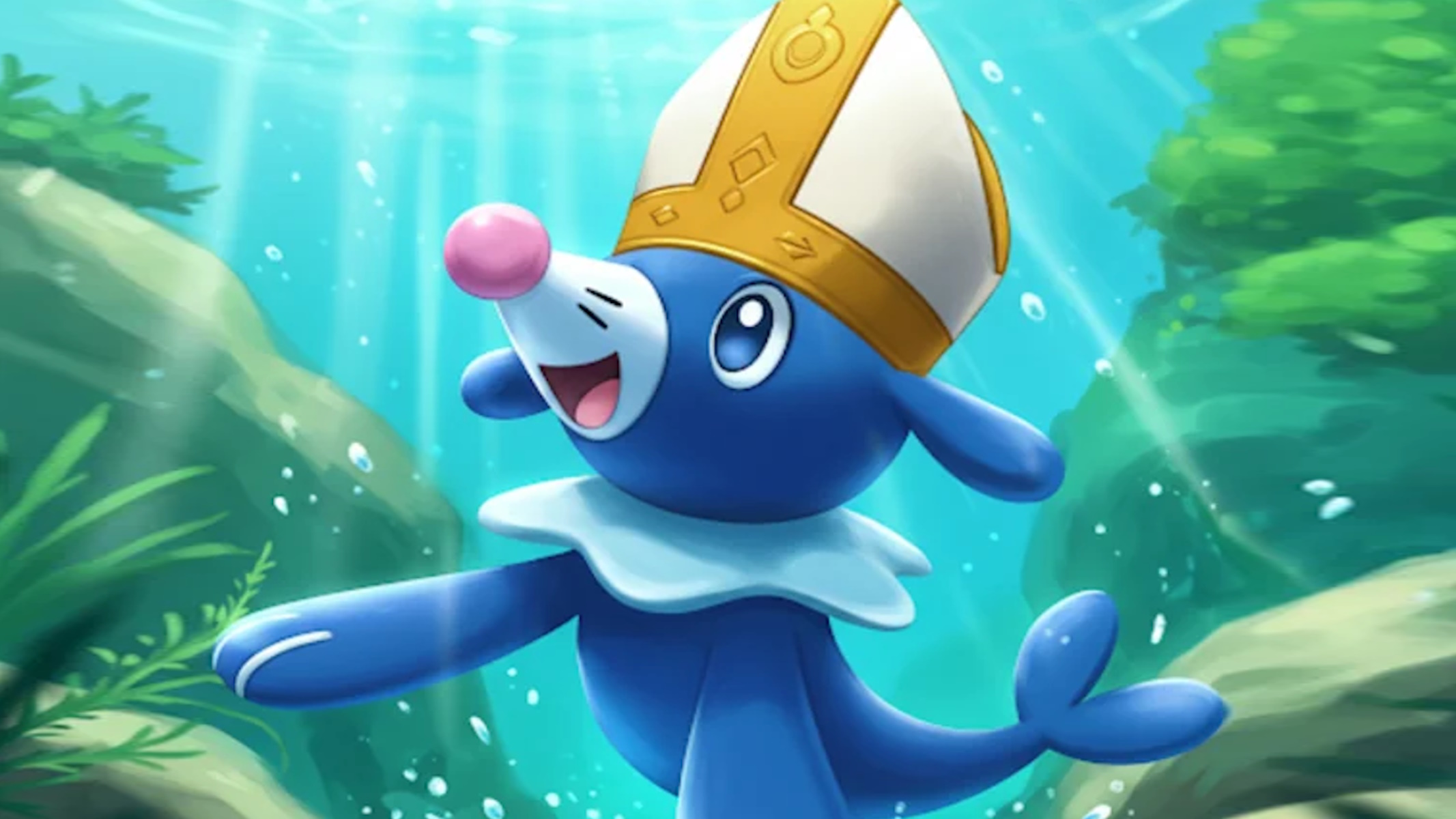 Il pokemon Popplio con il cappello del pontefice