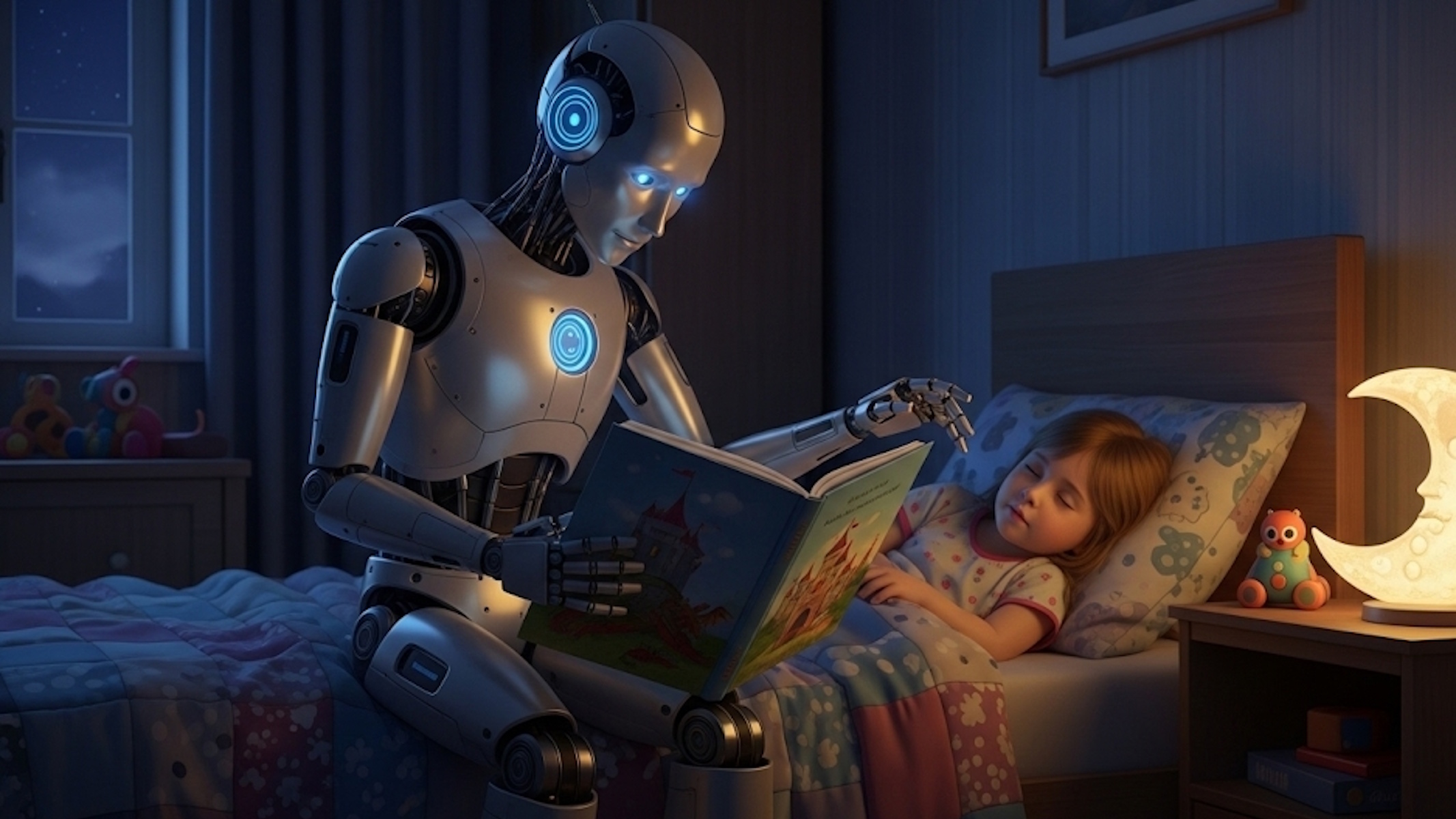 l'AI Gemini Storybook di Google che racconta una storia a una bambina in una finta rappresentazione