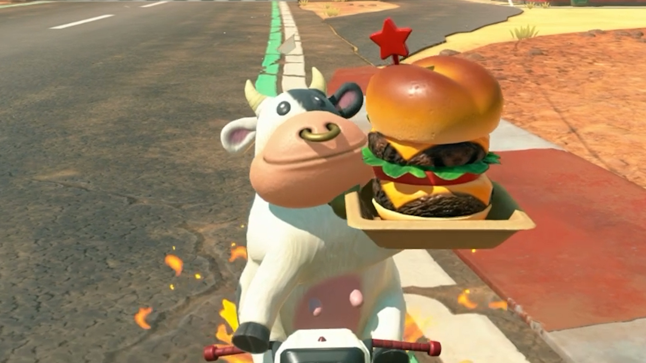 La Mucca di Mario Kart World con un hamburger in mano