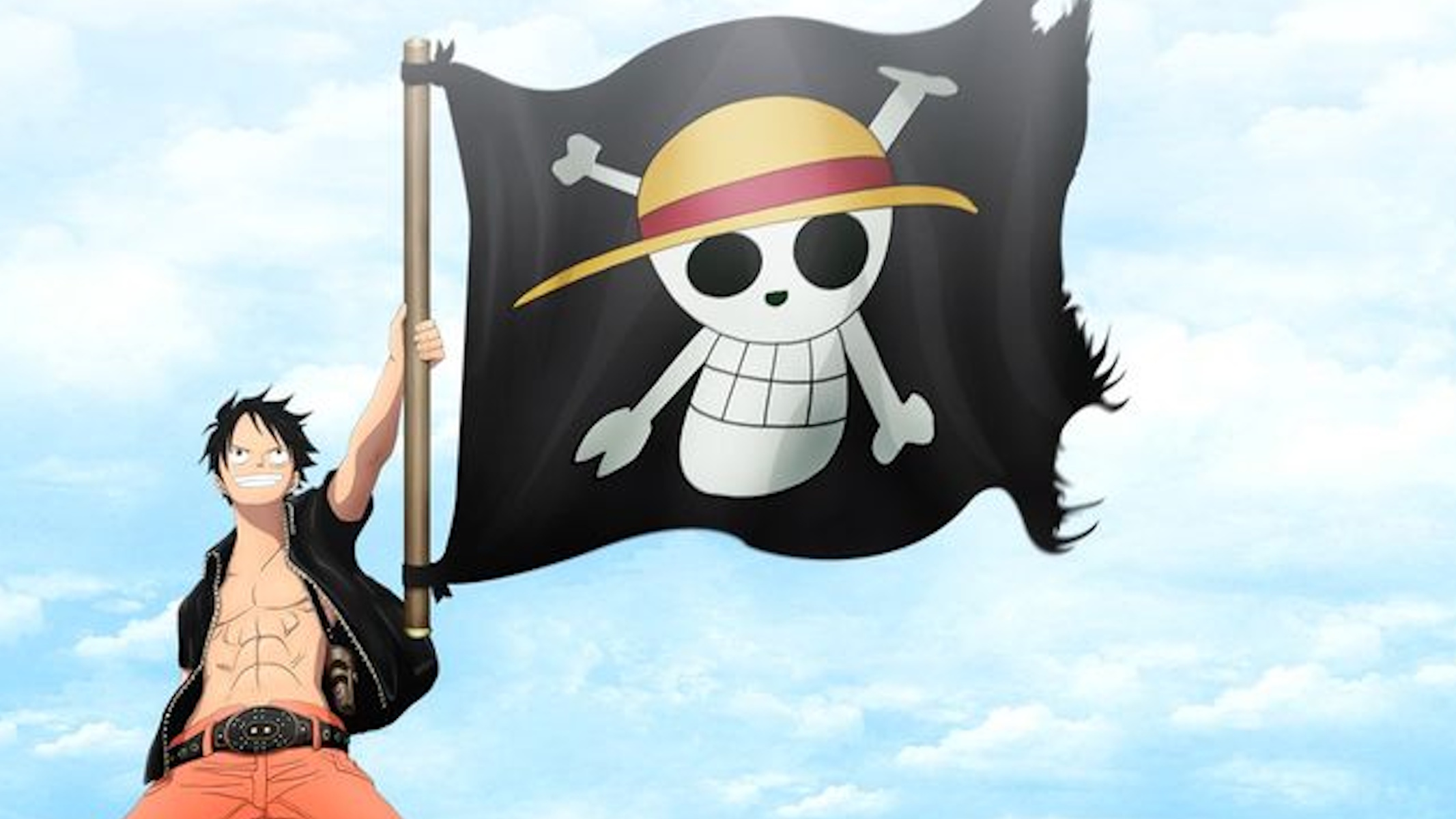 Luffy di One Piece con la bandiera dei Mugiwara