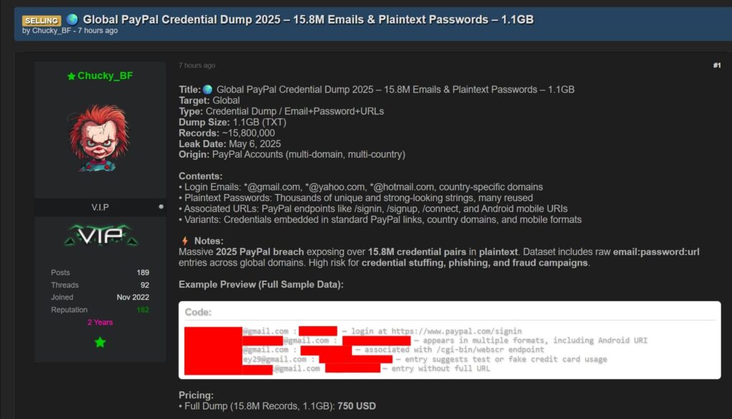 threat actor selling plain text paypal credentials 1