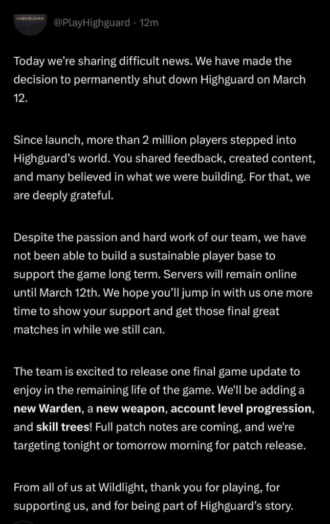 Highguard chiuderà definitivamente il 12 marzo 2 Highguard